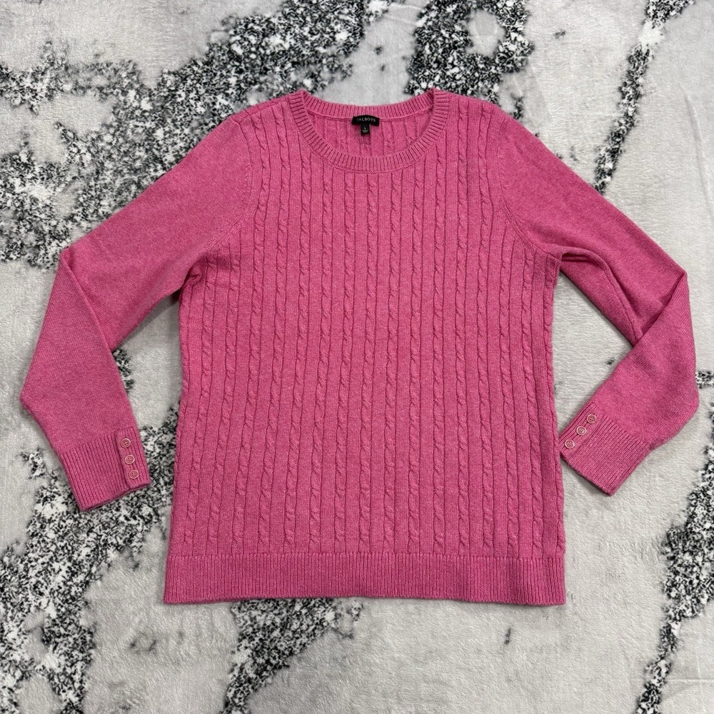 Talbots Sweater Pink Cable Knit Crewneck Womens L Cotton Blend Classic Preppy